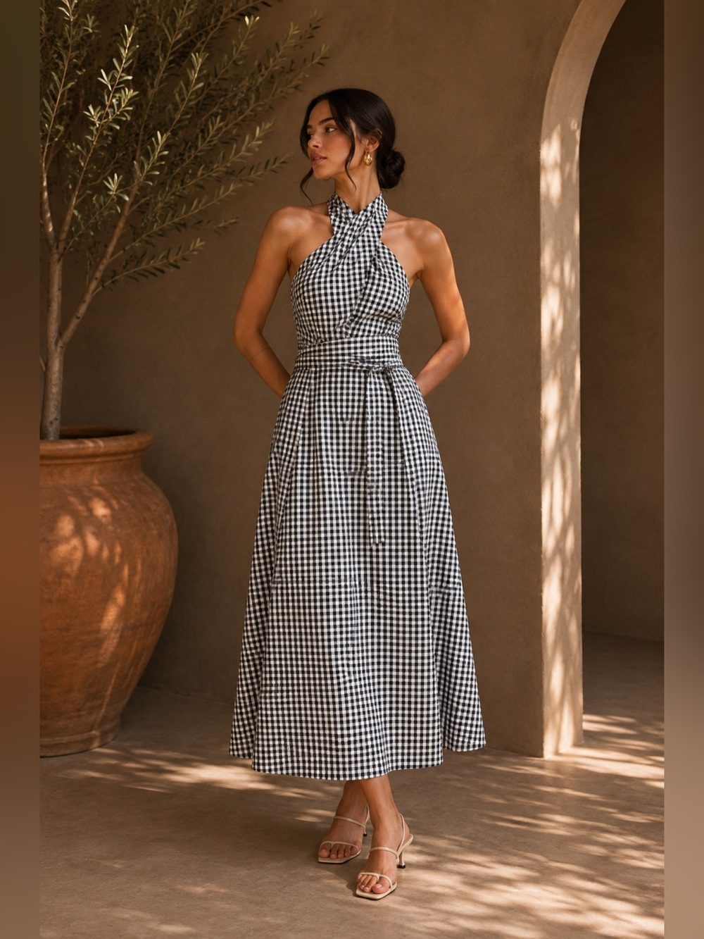 Commense Black Gingham Cotton Halter Maxi Dress S | European Summer Dress